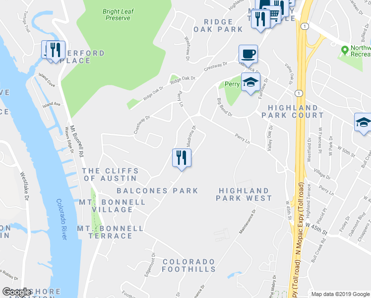 map of restaurants, bars, coffee shops, grocery stores, and more near 4604 Madrona Drive in Austin