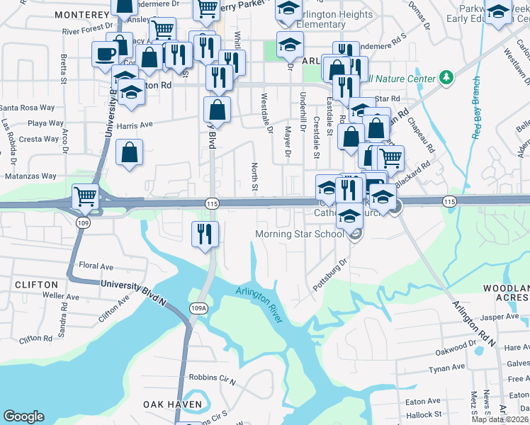 map of restaurants, bars, coffee shops, grocery stores, and more near 6200 Arlington Expressway in Jacksonville