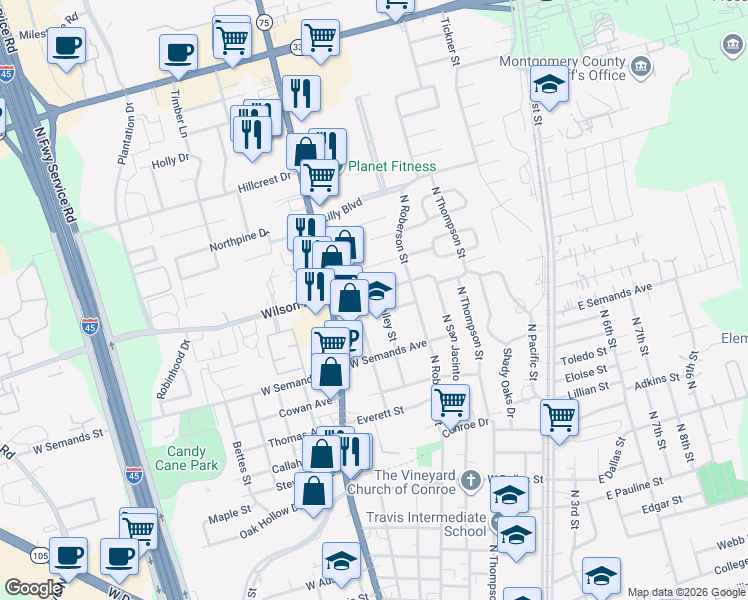 map of restaurants, bars, coffee shops, grocery stores, and more near 501 Wilson Road in Conroe