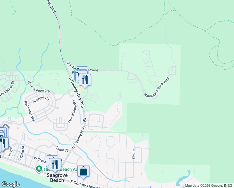 map of restaurants, bars, coffee shops, grocery stores, and more near 25 Muhly Circle in Santa Rosa Beach