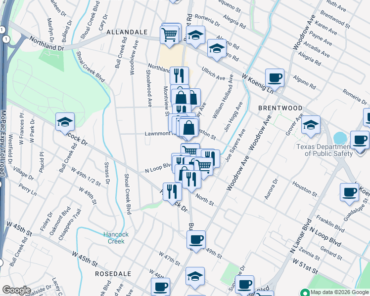 map of restaurants, bars, coffee shops, grocery stores, and more near 5308 1/2 Burnet Road in Austin