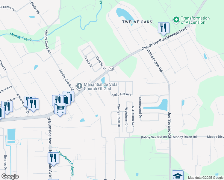 map of restaurants, bars, coffee shops, grocery stores, and more near 17470 Rosemont Drive in Prairieville