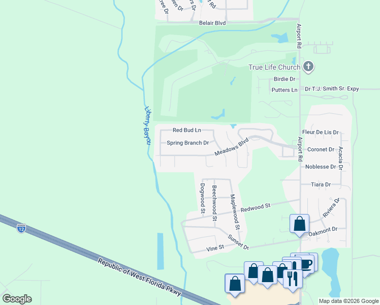 map of restaurants, bars, coffee shops, grocery stores, and more near 238 Meadows Boulevard in Slidell