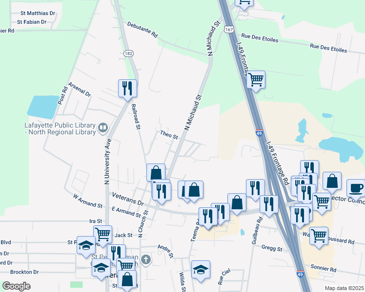 map of restaurants, bars, coffee shops, grocery stores, and more near 510 North Michaud Street in Carencro