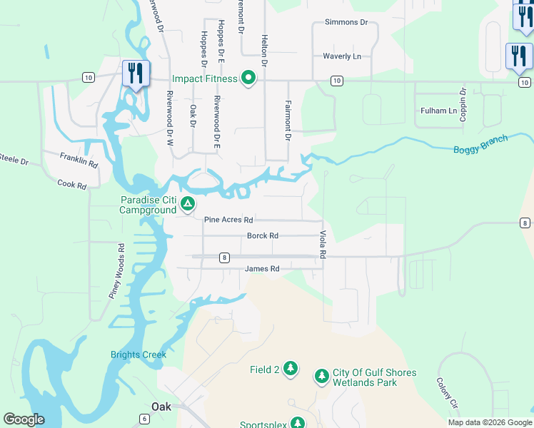 map of restaurants, bars, coffee shops, grocery stores, and more near 19045 Pine Acres Rd in Gulf Shores