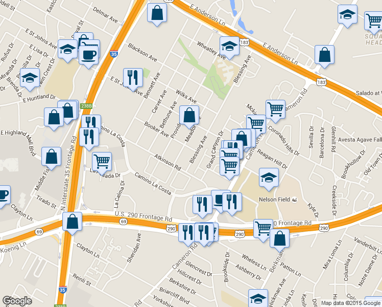 map of restaurants, bars, coffee shops, grocery stores, and more near 6918 Blessing Avenue in Austin