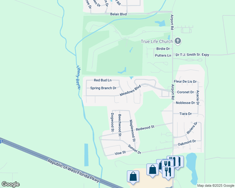 map of restaurants, bars, coffee shops, grocery stores, and more near 214 Meadows Boulevard in Slidell