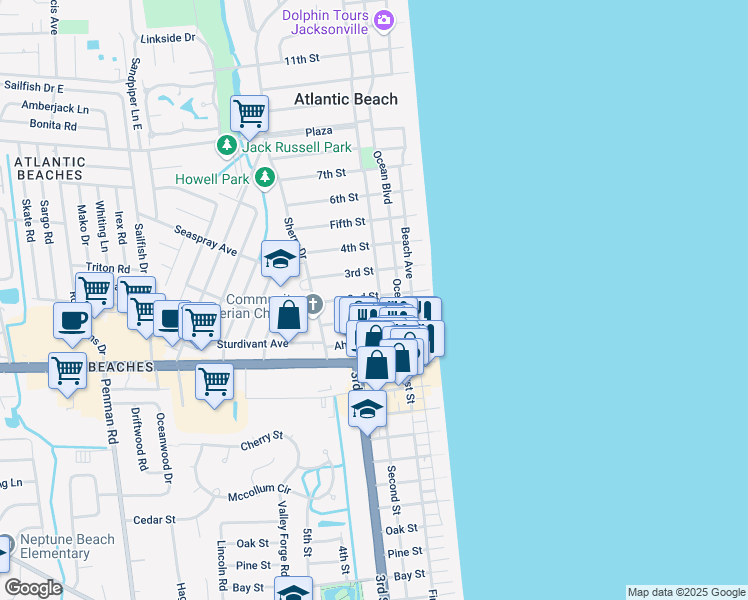 map of restaurants, bars, coffee shops, grocery stores, and more near 308 2nd Street in Atlantic Beach