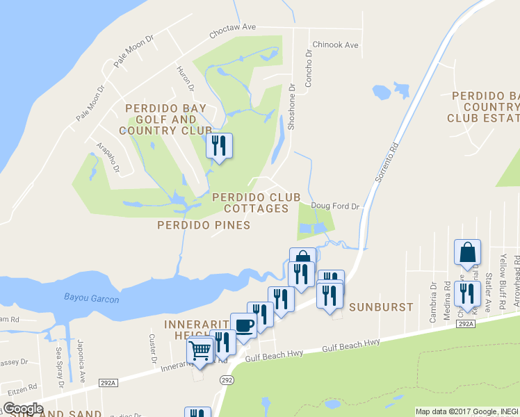 map of restaurants, bars, coffee shops, grocery stores, and more near 12 Cottage Circle in Pensacola