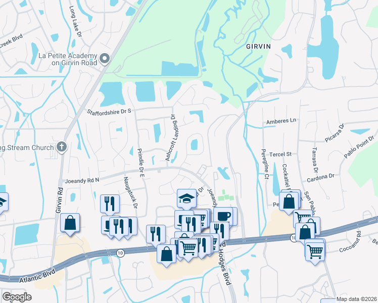 map of restaurants, bars, coffee shops, grocery stores, and more near 13327 Currituck Drive West in Jacksonville