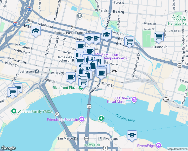 map of restaurants, bars, coffee shops, grocery stores, and more near N Main St & E Forsyth St in Jacksonville
