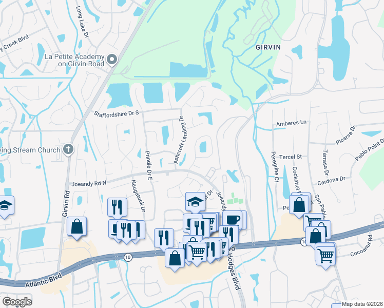 map of restaurants, bars, coffee shops, grocery stores, and more near 13327 Currituck Drive West in Jacksonville