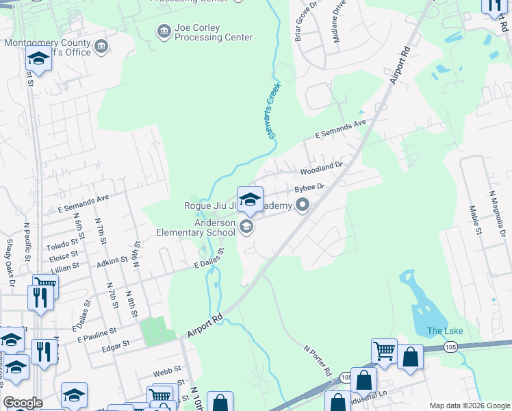 map of restaurants, bars, coffee shops, grocery stores, and more near 113 Bybee Drive in Conroe