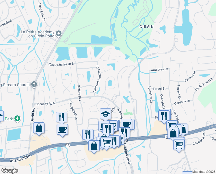 map of restaurants, bars, coffee shops, grocery stores, and more near 365 Dijon Drive South in Jacksonville