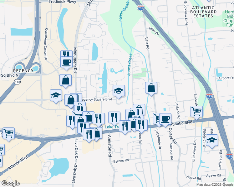 map of restaurants, bars, coffee shops, grocery stores, and more near 318 Raleigh Road in Jacksonville