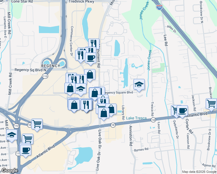 map of restaurants, bars, coffee shops, grocery stores, and more near 355 Monument Road in Jacksonville