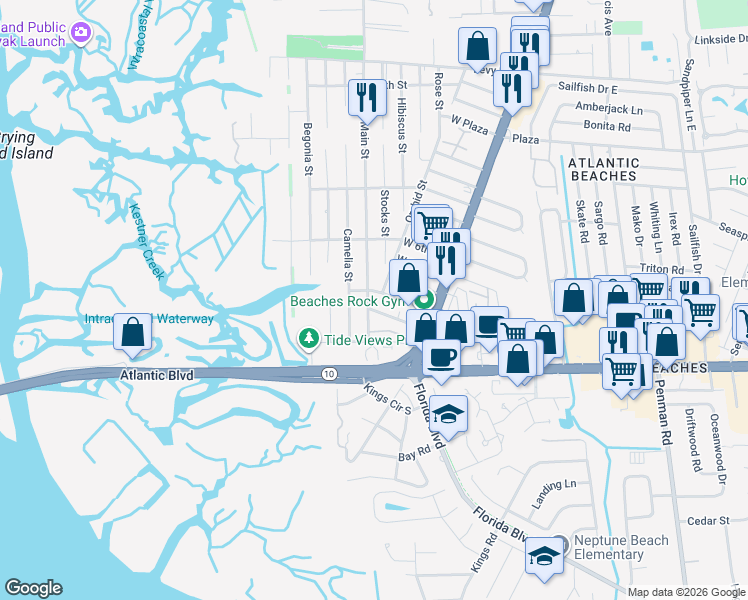 map of restaurants, bars, coffee shops, grocery stores, and more near 285 Main Street in Atlantic Beach