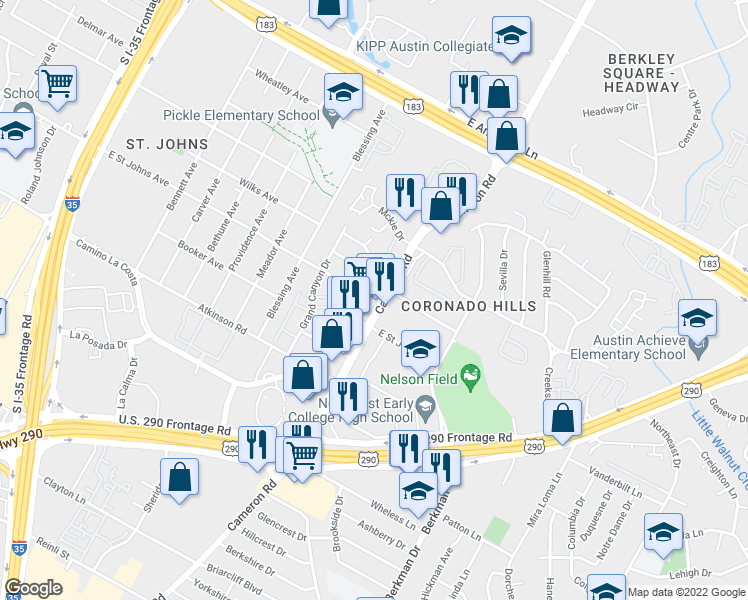 map of restaurants, bars, coffee shops, grocery stores, and more near 1311 Radcliff Drive in Austin