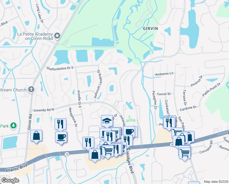 map of restaurants, bars, coffee shops, grocery stores, and more near 365 Dijon Drive South in Jacksonville