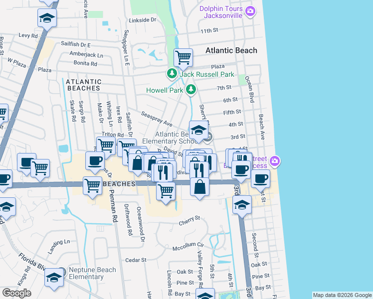 map of restaurants, bars, coffee shops, grocery stores, and more near 209 Poinsettia Street in Atlantic Beach