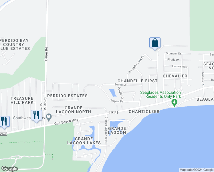 map of restaurants, bars, coffee shops, grocery stores, and more near 1057 Bonita Drive in Pensacola