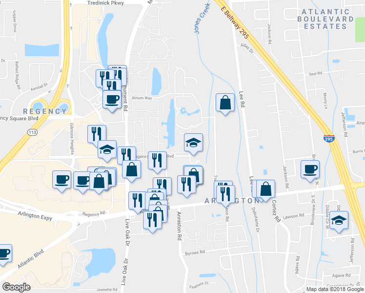 map of restaurants, bars, coffee shops, grocery stores, and more near 306 Raleigh Road in Jacksonville