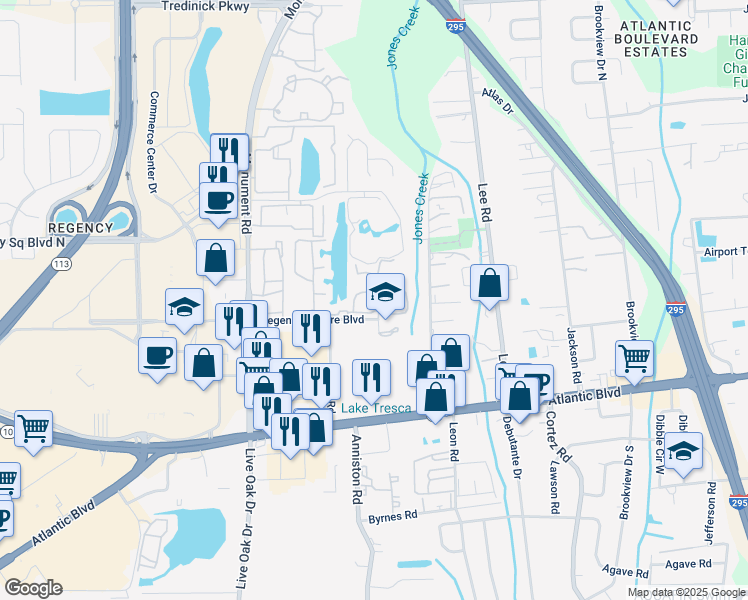map of restaurants, bars, coffee shops, grocery stores, and more near 318 Raleigh Road in Jacksonville