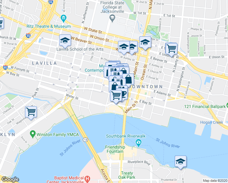 map of restaurants, bars, coffee shops, grocery stores, and more near 50n North Laura Street in Jacksonville
