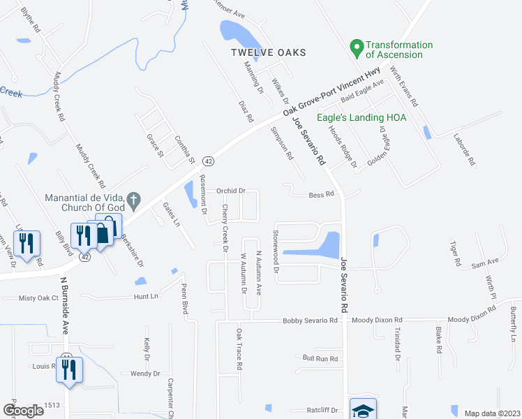 map of restaurants, bars, coffee shops, grocery stores, and more near 17470 Evergreen Hill Drive in Prairieville