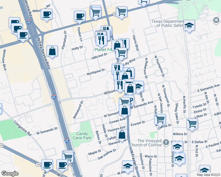 map of restaurants, bars, coffee shops, grocery stores, and more near 906 Wilson Road in Conroe