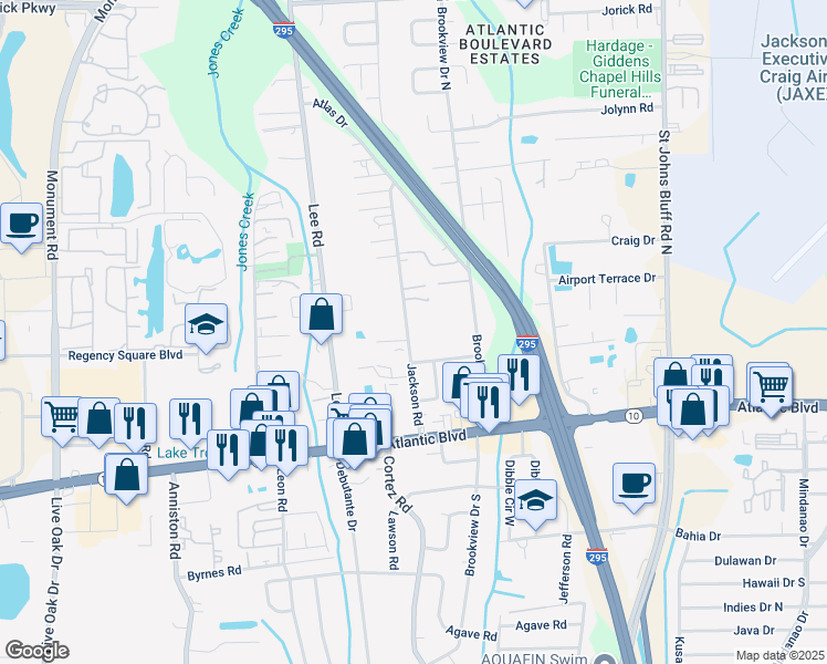 map of restaurants, bars, coffee shops, grocery stores, and more near 235 Jackson Road in Jacksonville