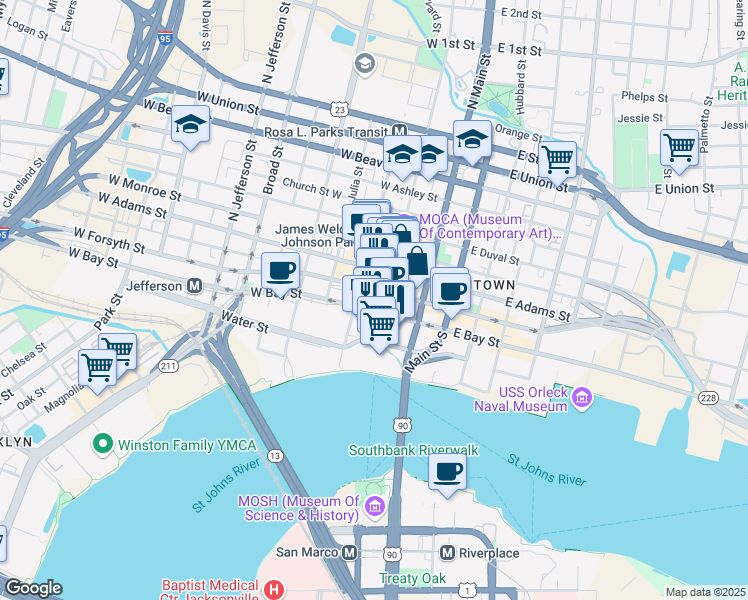 map of restaurants, bars, coffee shops, grocery stores, and more near 37 Hogan Street South in Jacksonville