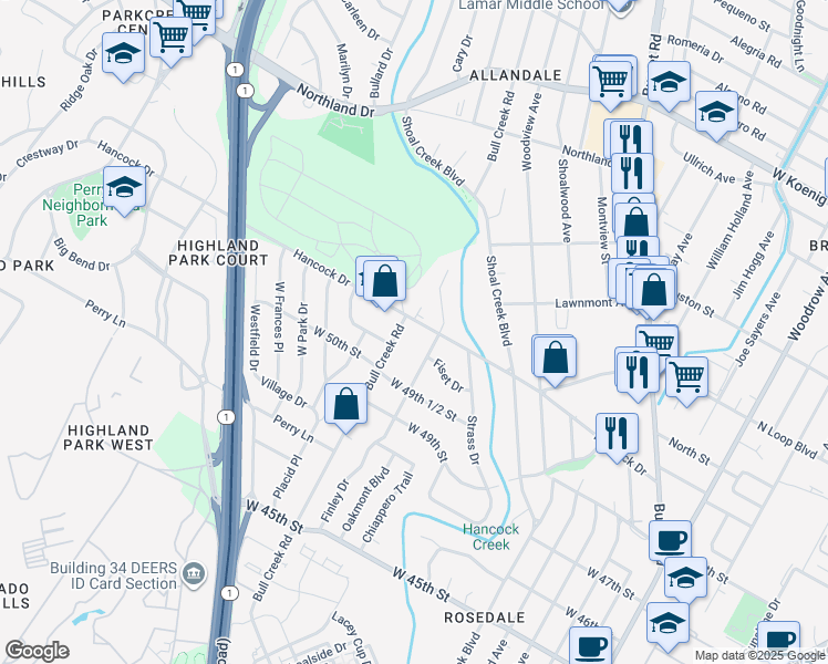 map of restaurants, bars, coffee shops, grocery stores, and more near 2715 Hancock Drive in Austin