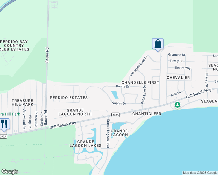 map of restaurants, bars, coffee shops, grocery stores, and more near 1057 Bonita Drive in Pensacola