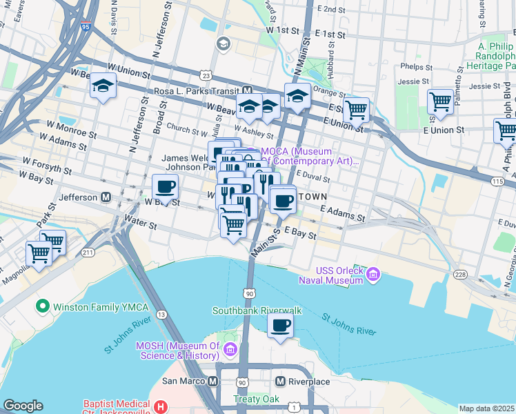 map of restaurants, bars, coffee shops, grocery stores, and more near 11 West Forsyth Street in Jacksonville