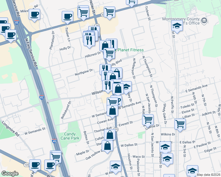 map of restaurants, bars, coffee shops, grocery stores, and more near 912 Wilson Road in Conroe