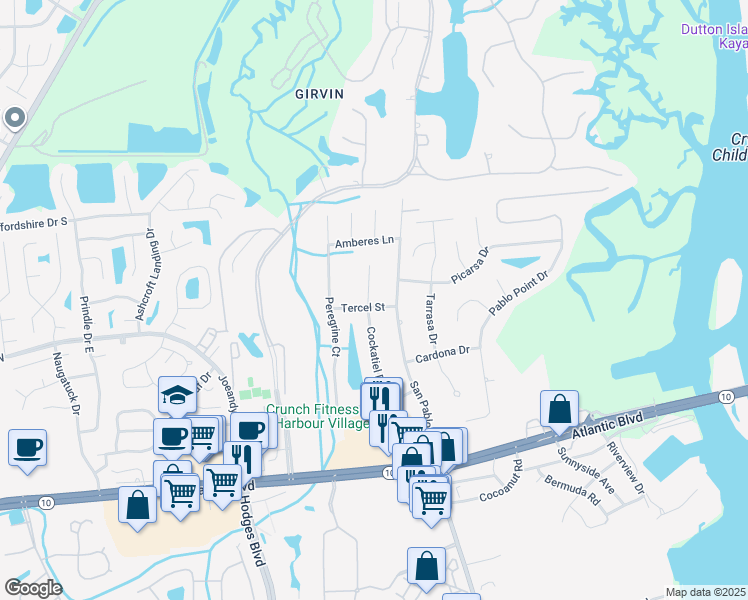 map of restaurants, bars, coffee shops, grocery stores, and more near 383 Cockatiel Drive in Jacksonville