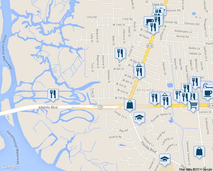 map of restaurants, bars, coffee shops, grocery stores, and more near 280 Camelia St in Atlantic Beach