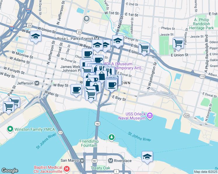 map of restaurants, bars, coffee shops, grocery stores, and more near 40 East Adams Street in Jacksonville