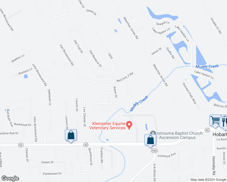 map of restaurants, bars, coffee shops, grocery stores, and more near 39083 Rene Avenue in Prairieville