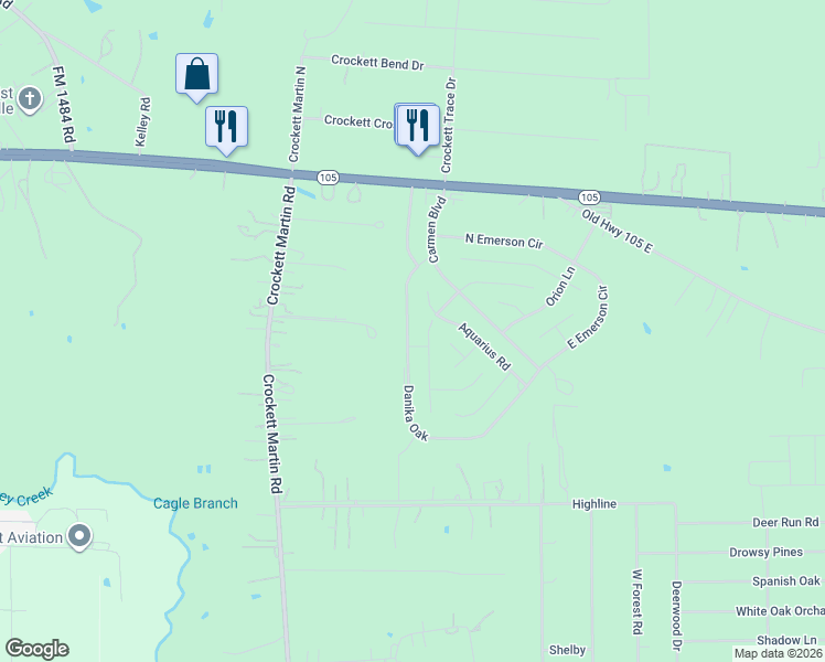 map of restaurants, bars, coffee shops, grocery stores, and more near 208 Kellyn Court in Conroe