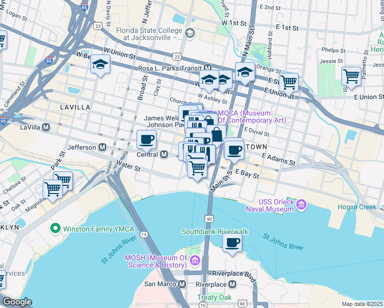 map of restaurants, bars, coffee shops, grocery stores, and more near 37 Hogan Street South in Jacksonville