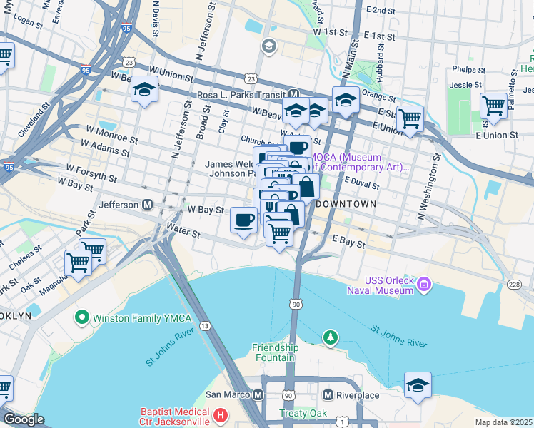 map of restaurants, bars, coffee shops, grocery stores, and more near 37 Hogan Street South in Jacksonville