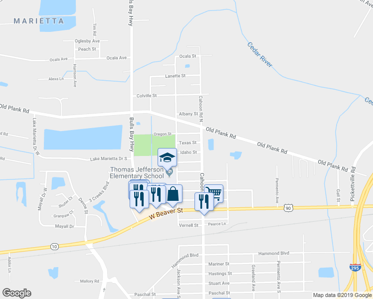 map of restaurants, bars, coffee shops, grocery stores, and more near 8110 Idaho Street in Jacksonville