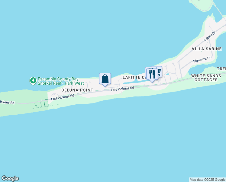 map of restaurants, bars, coffee shops, grocery stores, and more near 1111 Fort Pickens Road in Pensacola Beach