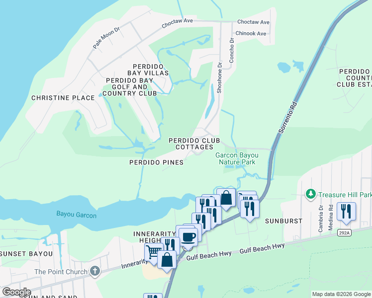 map of restaurants, bars, coffee shops, grocery stores, and more near 12 Cottage Circle in Pensacola