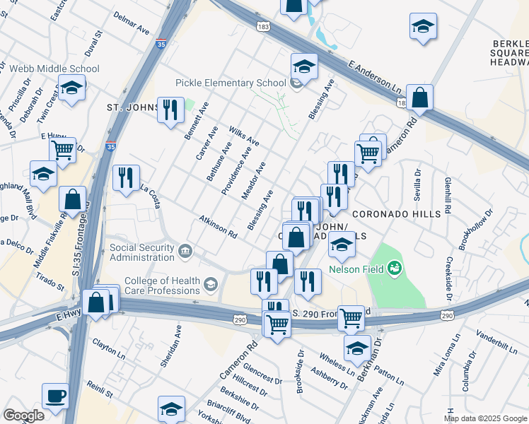 map of restaurants, bars, coffee shops, grocery stores, and more near 6918 Blessing Avenue in Austin