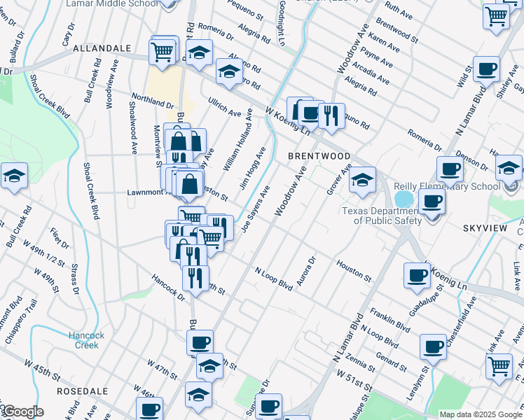 map of restaurants, bars, coffee shops, grocery stores, and more near 5502 Joe Sayers Avenue in Austin