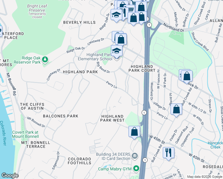 map of restaurants, bars, coffee shops, grocery stores, and more near 4616 Fairview Drive in Austin