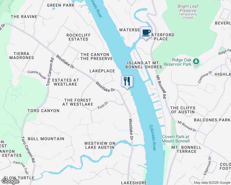 map of restaurants, bars, coffee shops, grocery stores, and more near 3806 Spirit Lake Cove in Austin